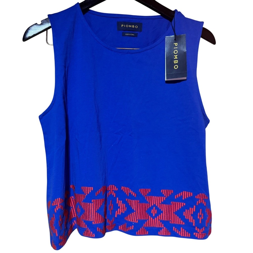 Piombo NWT‎ Blue Sleeveless Cotton Top with Red Embroidery – Size Medium